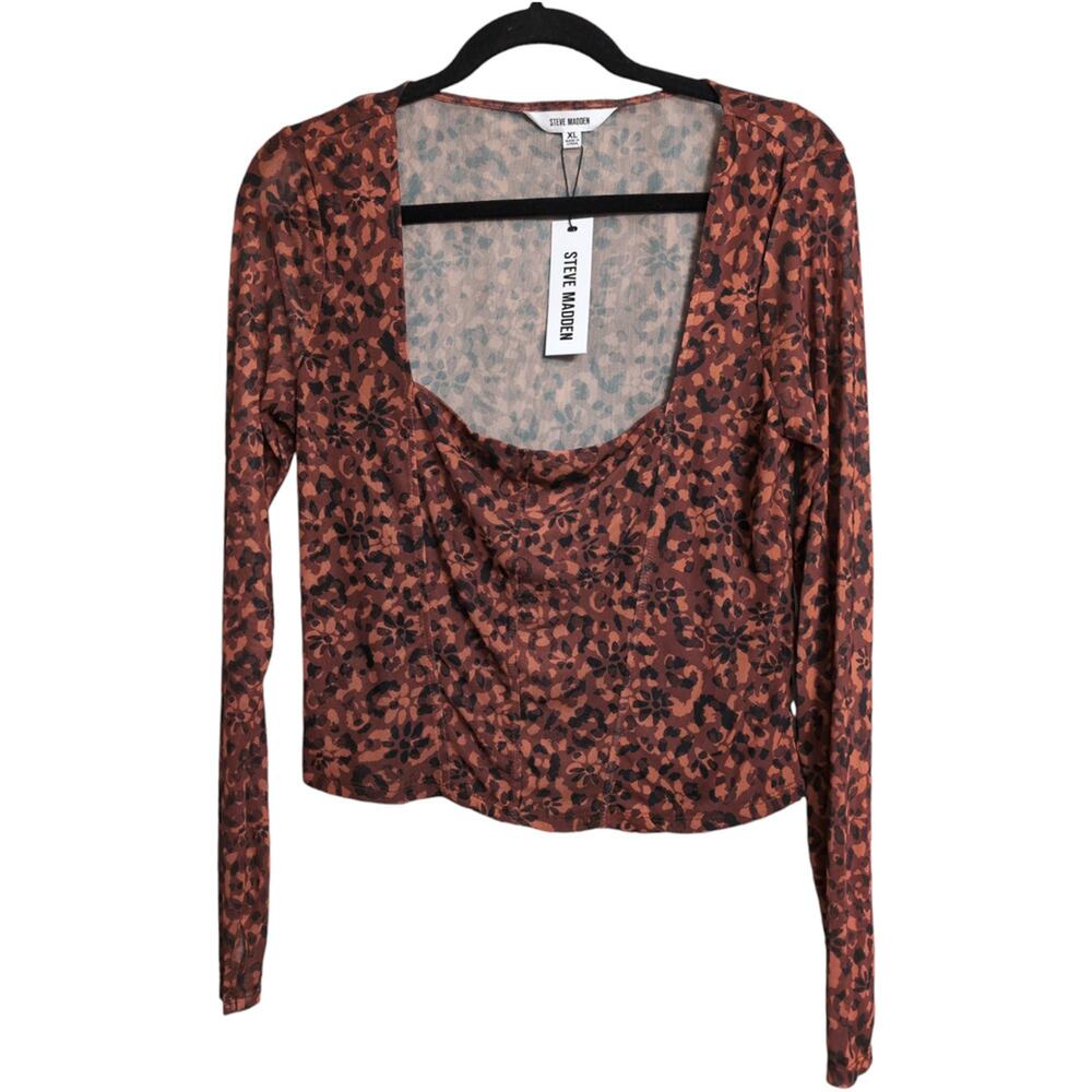 NWT Steve Madden Mocha Bisque Printed Square Neck Long Sleeve Blouse Size XL